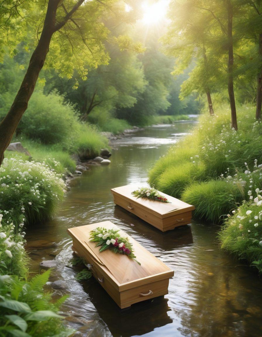 A serene funeral service set in a lush green environment, featuring biodegradable caskets and flowers made from natural materials. The scene includes a gentle stream flowing nearby, surrounded by trees and birds, symbolizing life and nature. Soft sunlight filters through the leaves, creating a warm and comforting atmosphere. People are gathered in peaceful reflection, embracing both the memories and nature. super-realistic. vibrant colors. serene background.