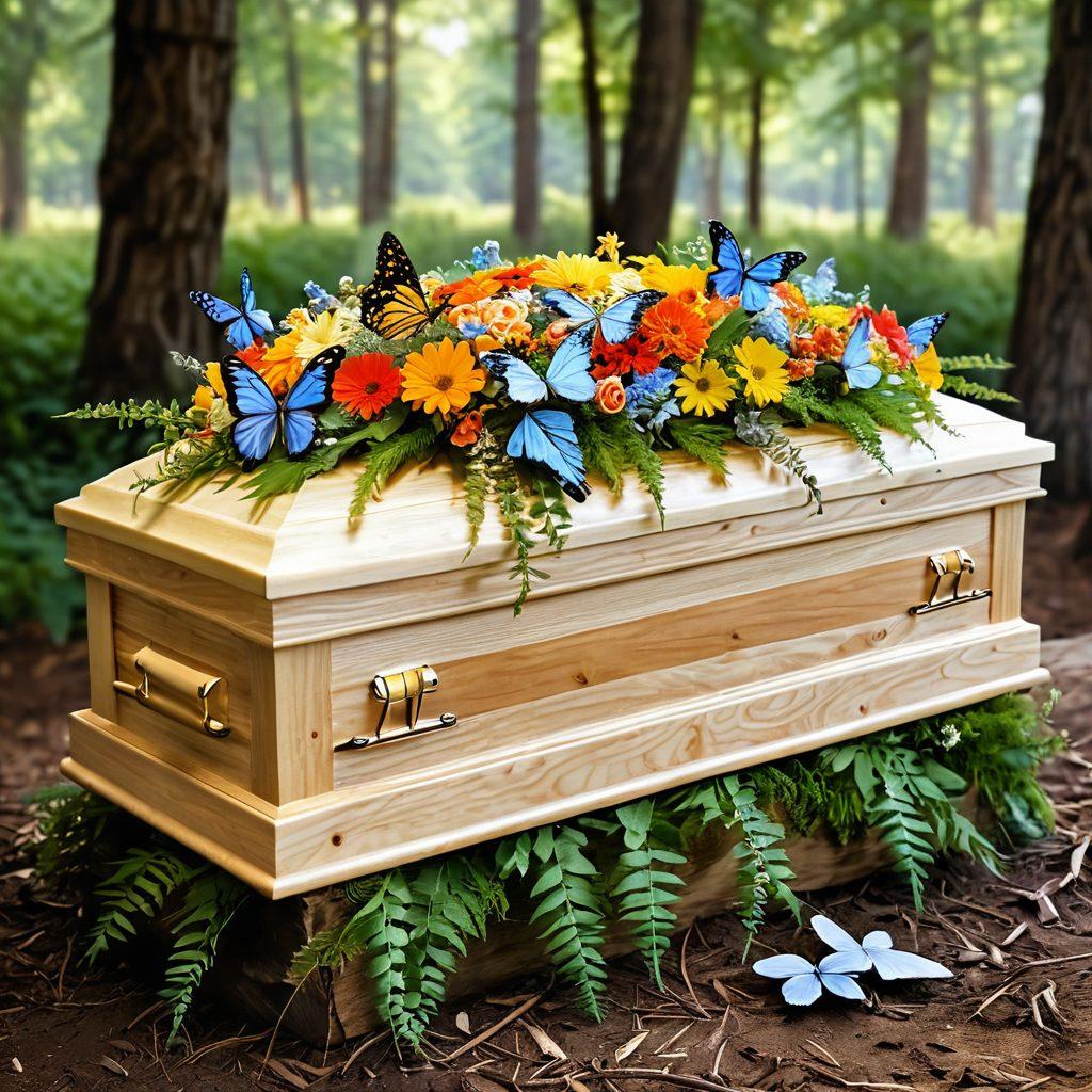 A serene and tranquil forest setting with a gentle stream flowing through it, symbolizing eternal life and nature's beauty. Include a beautifully crafted biodegradable casket adorned with wildflowers, surrounded by greenery and soft sunlight filtering through the trees. Add subtle elements like butterflies and birds, creating a peaceful atmosphere of remembrance and hope. Illustrate a small gathering of diverse people in respectful reflection, embodying the spirit of eco-conscious farewells. 3D. vibrant colors. natural light.