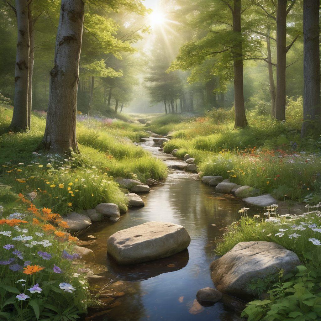 A serene natural landscape featuring a tranquil green burial site, adorned with wildflowers and naturally decomposing memorial markers, surrounded by tall trees and soft sunlight filtering through leaves. Include animals like deer or birds to enhance the peaceful setting, with a gentle stream flowing nearby. The image evokes a sense of harmony with nature and reflects eco-friendly choices. super-realistic. vibrant colors. tranquil atmosphere.